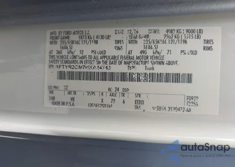 2017 Ford Transit-250 z USA, uszkodzony, nr VIN 1FTYR2CM7HKA44743